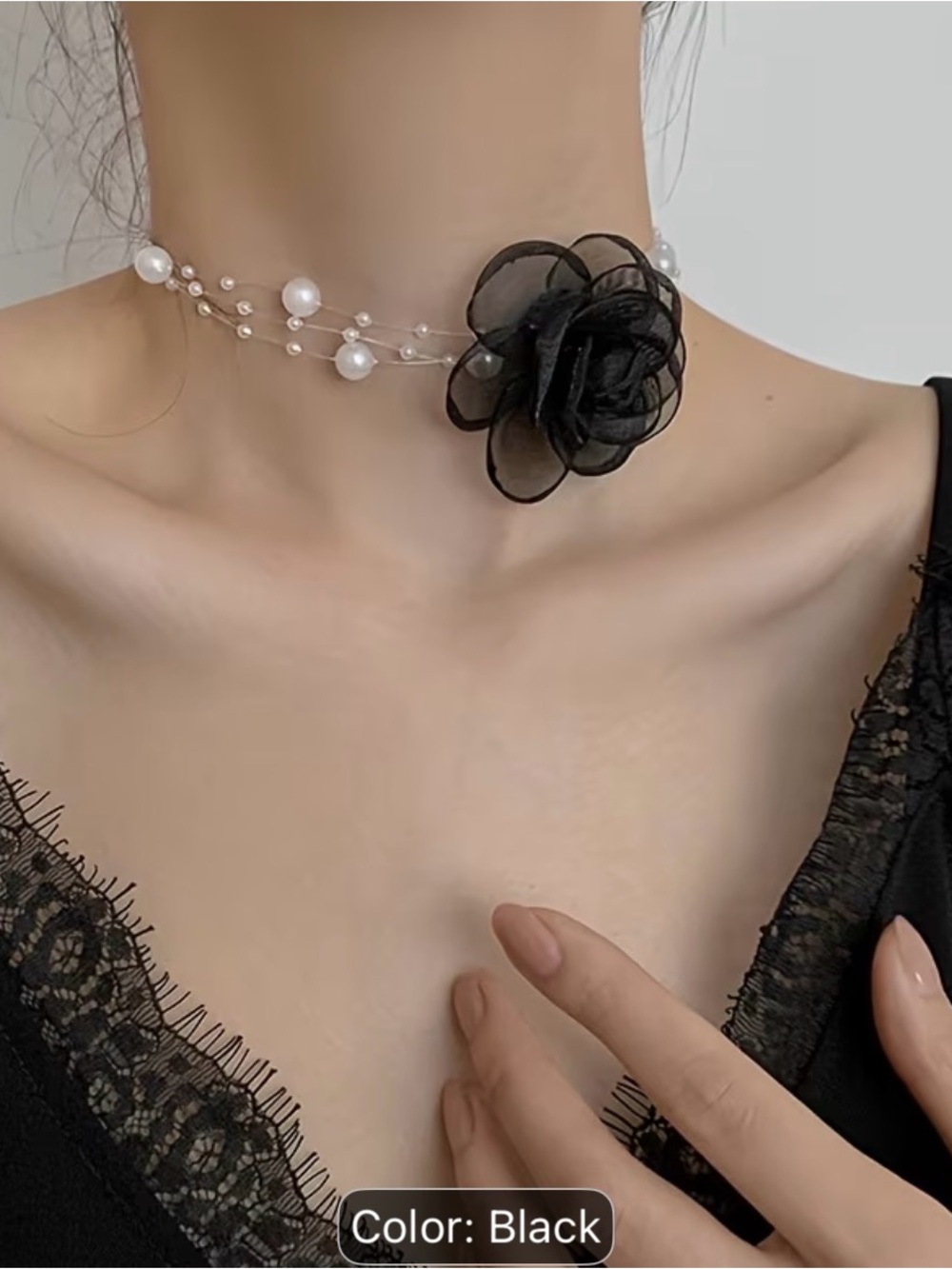Elegant Black Floral Pearl Choker Necklace